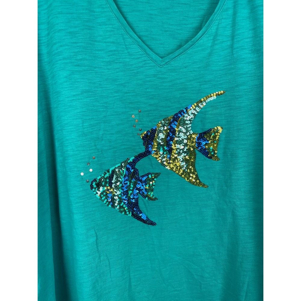 Catherines T-Shirt Women's 2X Teal Good Sequined Fish V-Neck Knit Cotton - Picture 3 of 13